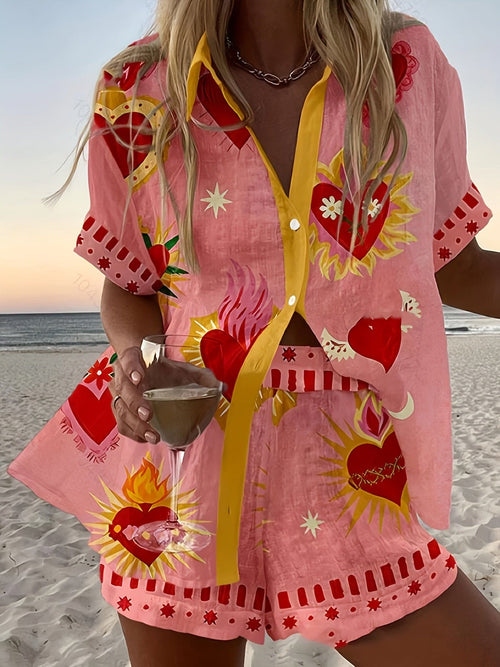 Women'S Pink Heart Print Short Sleeve Blouse & Shorts Set - Casual Beach Vacation Style, Polyester Fabric, Casual Attire|Beach Attire|Polyester Fabric