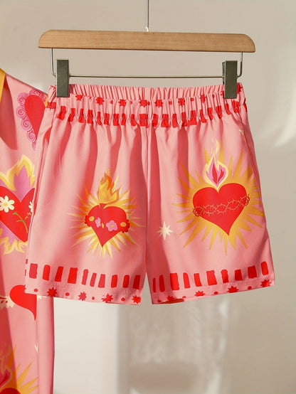 Women'S Pink Heart Print Short Sleeve Blouse & Shorts Set - Casual Beach Vacation Style, Polyester Fabric, Casual Attire|Beach Attire|Polyester Fabric