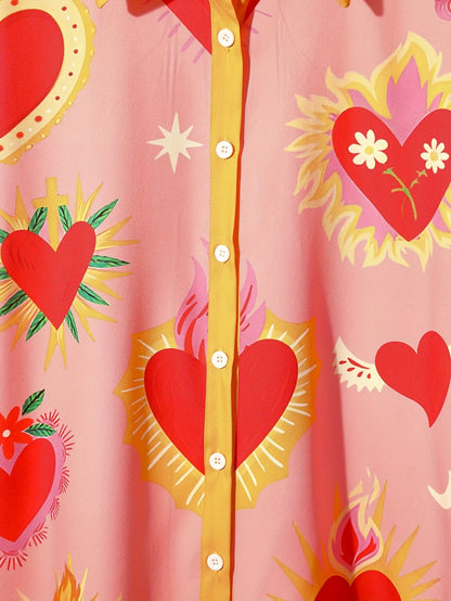 Women'S Pink Heart Print Short Sleeve Blouse & Shorts Set - Casual Beach Vacation Style, Polyester Fabric, Casual Attire|Beach Attire|Polyester Fabric
